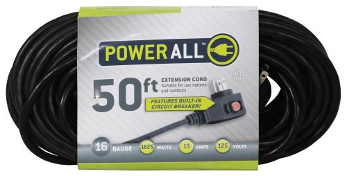 Power All Commercial Grade 125 Volt 50 ft Cord w/ Circuit Breaker -16 Gauge