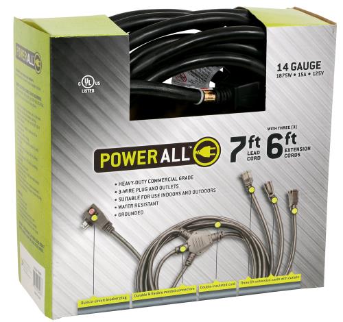 Power All Commercial Grade 125 Volt -7 ft Lead Cord w/ three 6 ft Extension Cords w/ Circuit Breaker